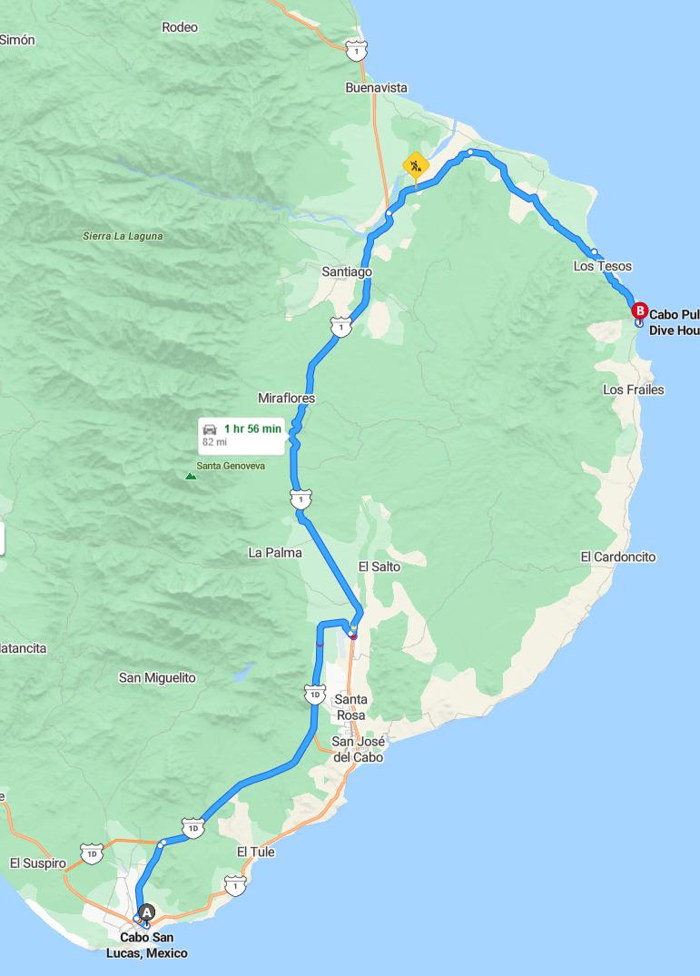 driving from Cabo San Lucas, Baja California Sur to Cabo PulmoBaja California Sur - map and route