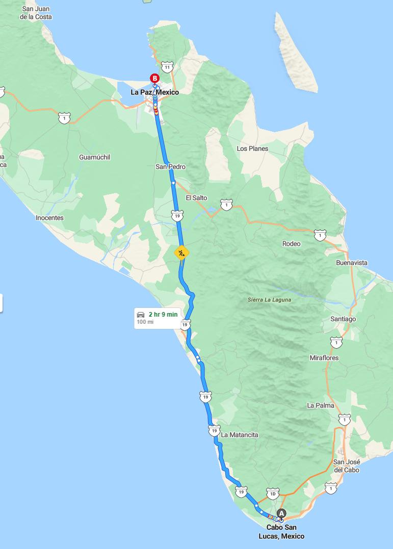 driving from Cabo San Lucas, Baja California Sur to La PazBaja California Sur - map and route