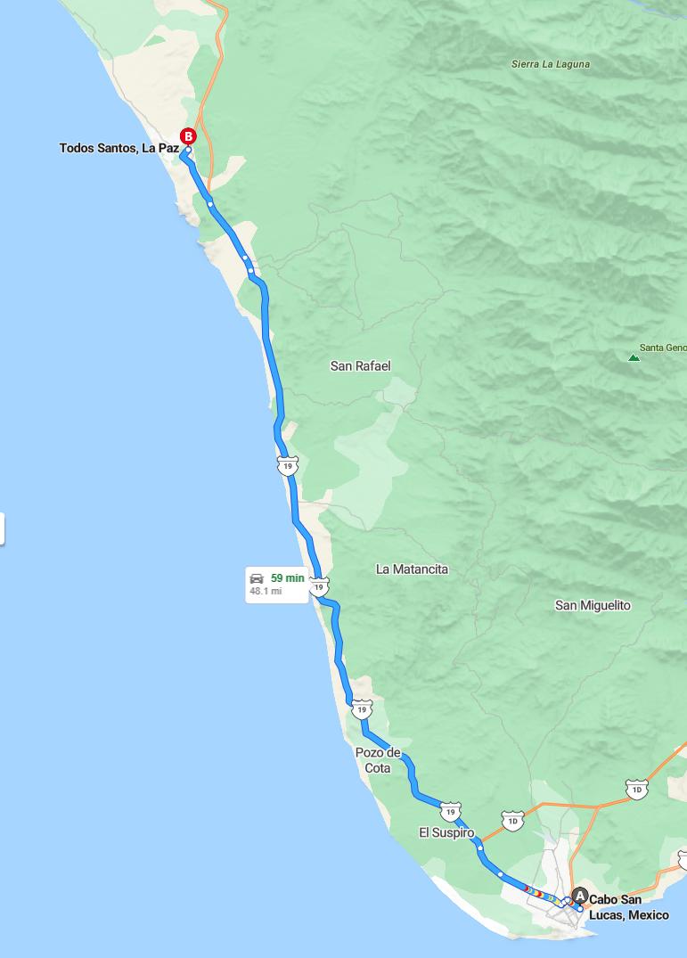 driving from Cabo San Lucas, Baja California Sur to Todos SantosBaja California Sur - map and route