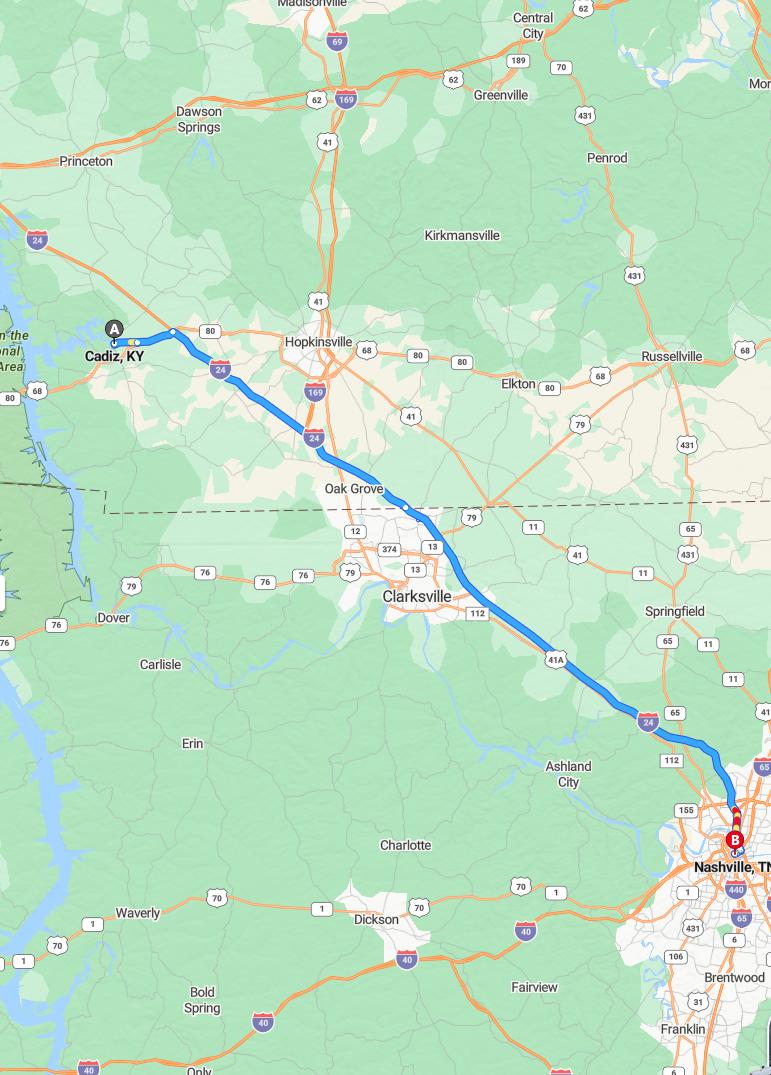 driving from Cadiz, Kentucky to NashvilleTennessee - map and route
