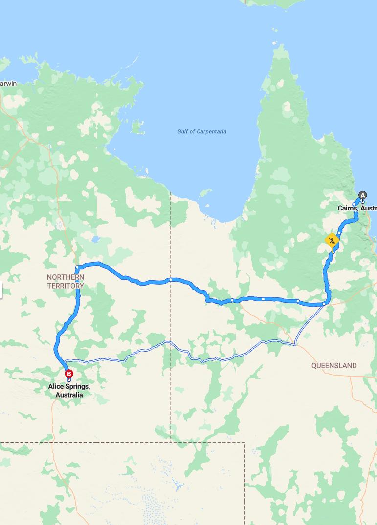 driving from Cairns, Queensland to Alice SpringsNorthern Territory - map and route