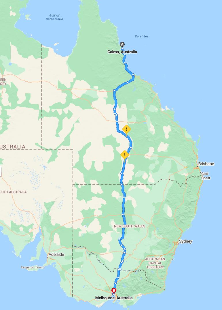driving from Cairns, Queensland to MelbourneVictoria - map and route
