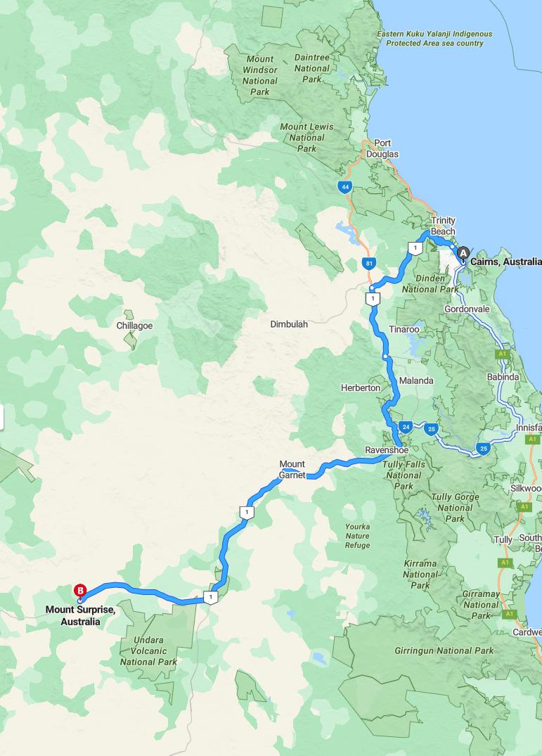 driving from Cairns, Queensland to Mount SurpriseQueensland - map and route