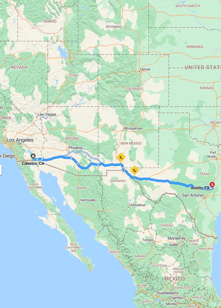 driving from Calexico, California to AustinTexas - map and route