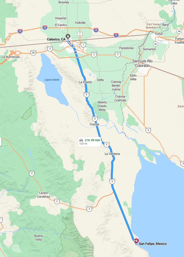 driving from Calexico, California to San FelipeBaja California - map and route