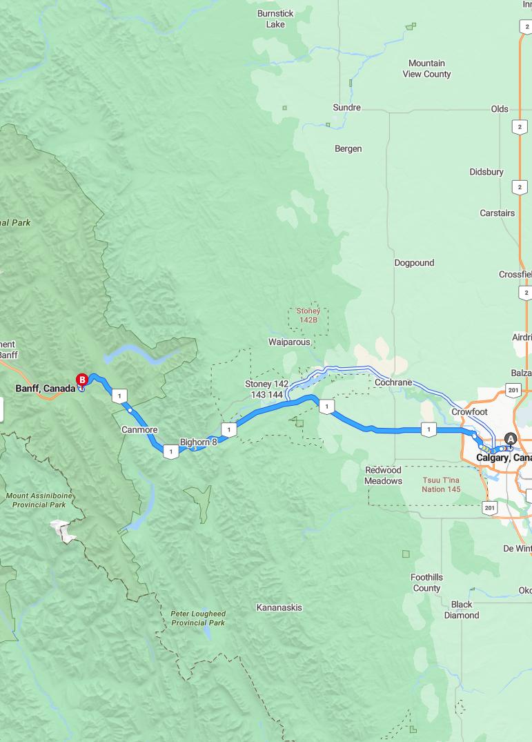 driving from Calgary, Alberta to BanffAlberta - map and route