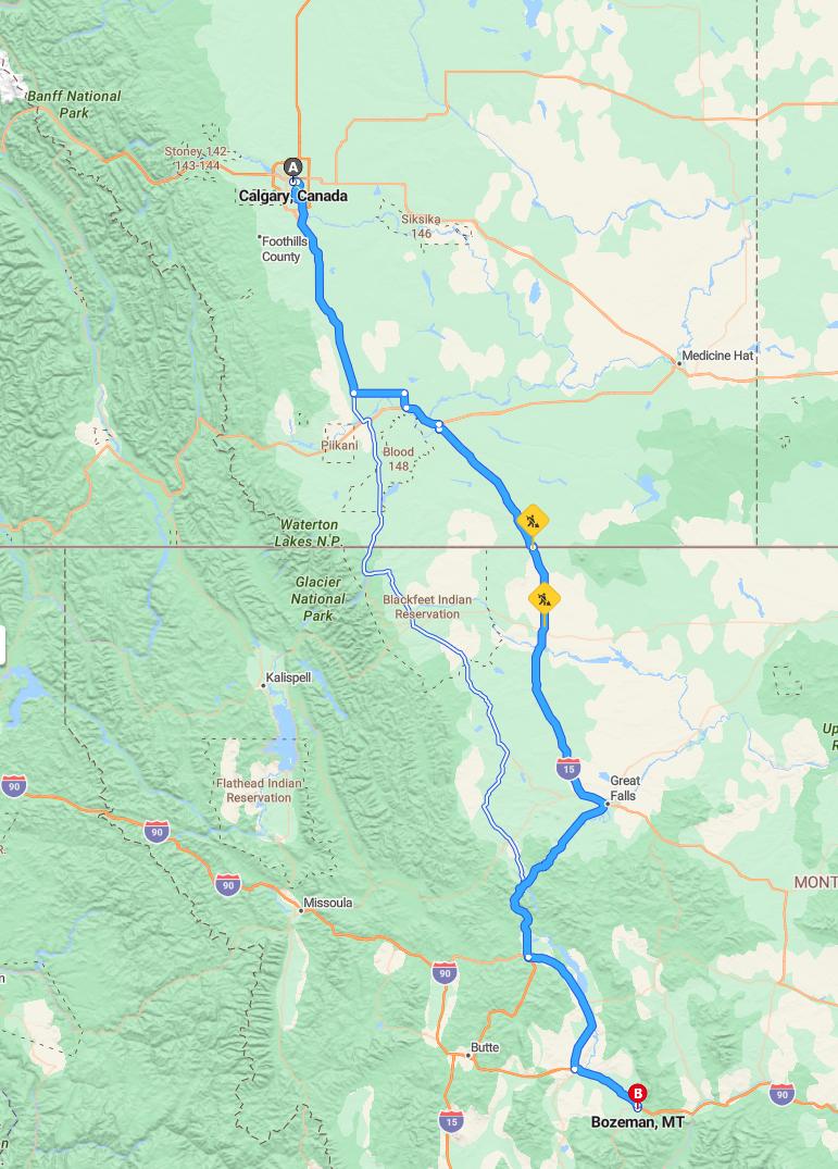 driving from Calgary, Alberta to BozemanMontana - map and route