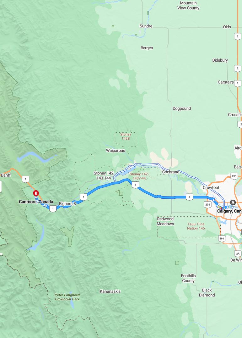driving from Calgary, Alberta to CanmoreAlberta - map and route
