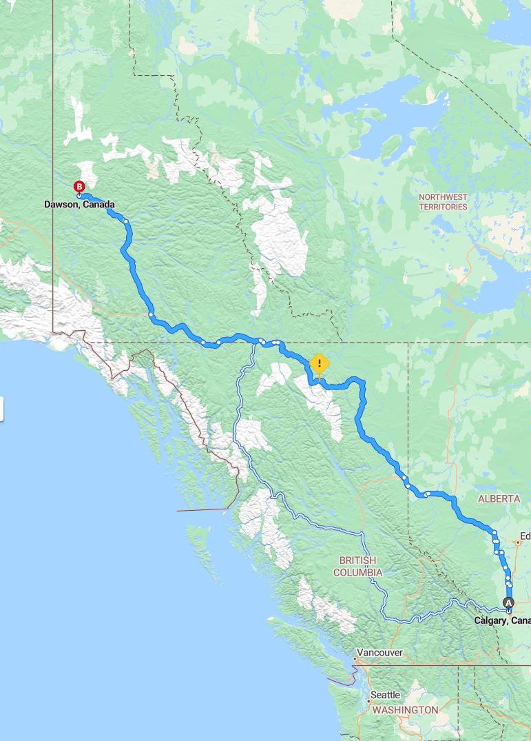 driving from Calgary, Alberta to Dawson CityYukon - map and route
