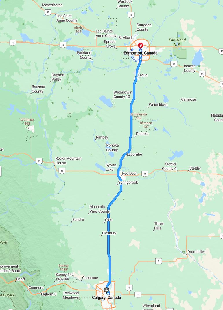 driving from Calgary, Alberta to EdmontonAlberta - map and route
