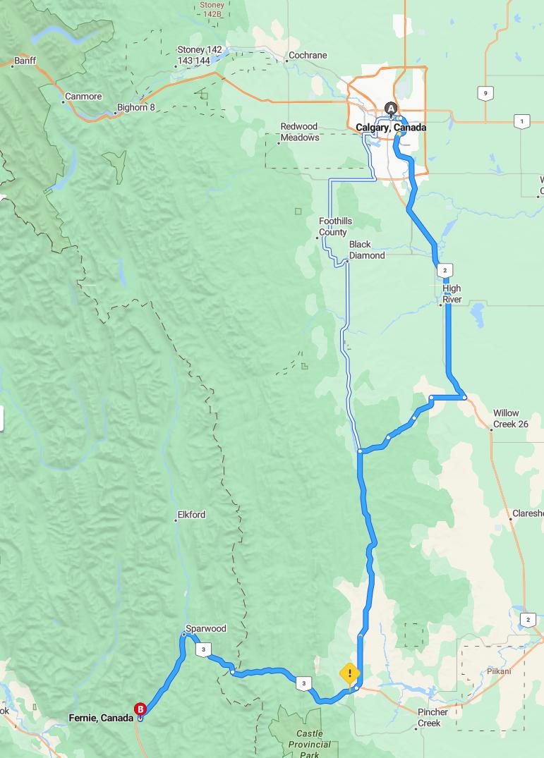 driving from Calgary, Alberta to FernieBritish Columbia - map and route