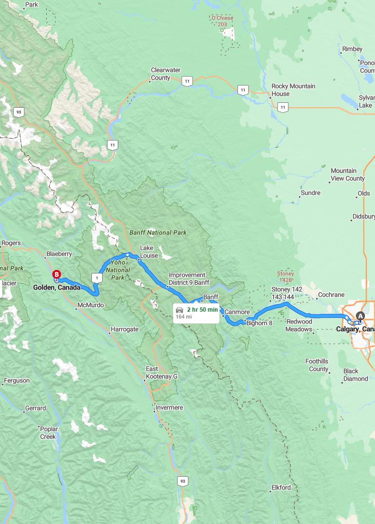 driving from Calgary, Alberta to GoldenBritish Columbia - map and route