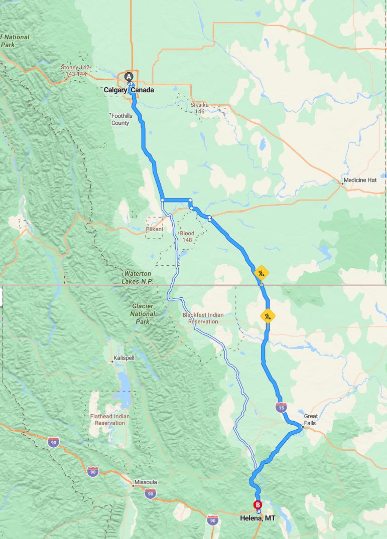 driving from Calgary, Alberta to HelenaMontana - map and route