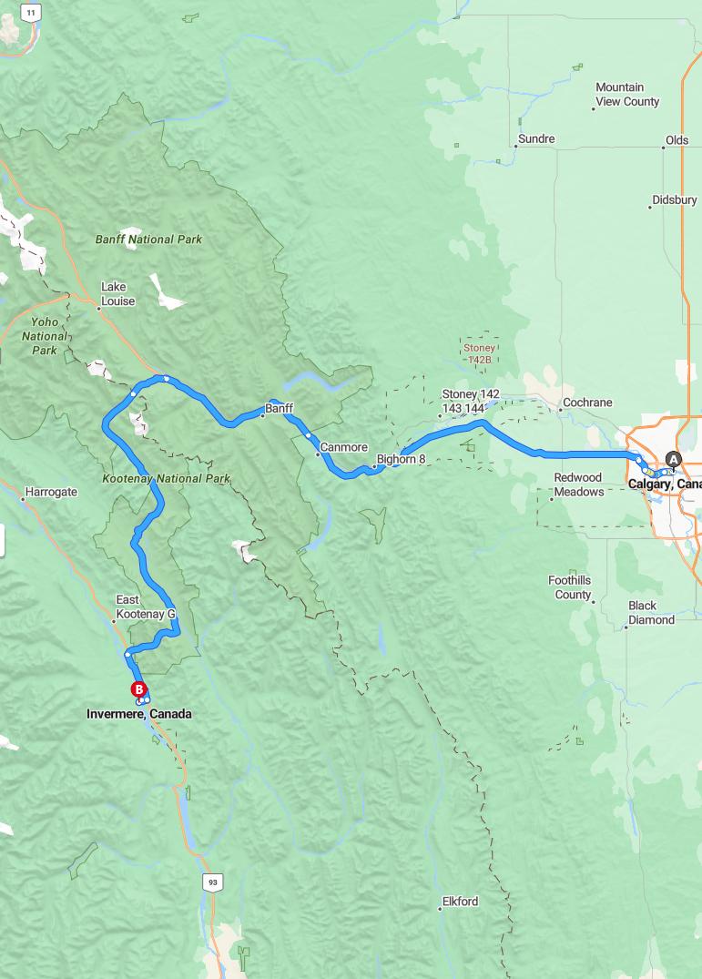 driving from Calgary, Alberta to InvermereBritish Columbia - map and route