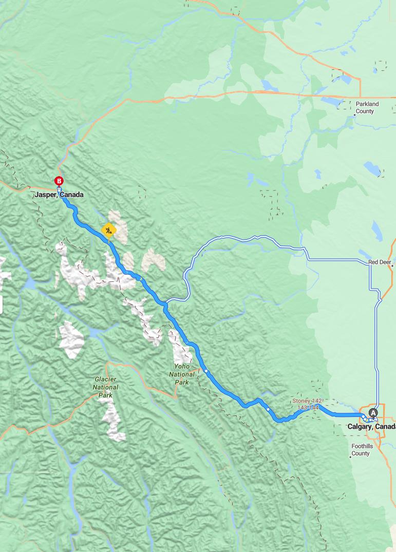 driving from Calgary, Alberta to JasperAlberta - map and route