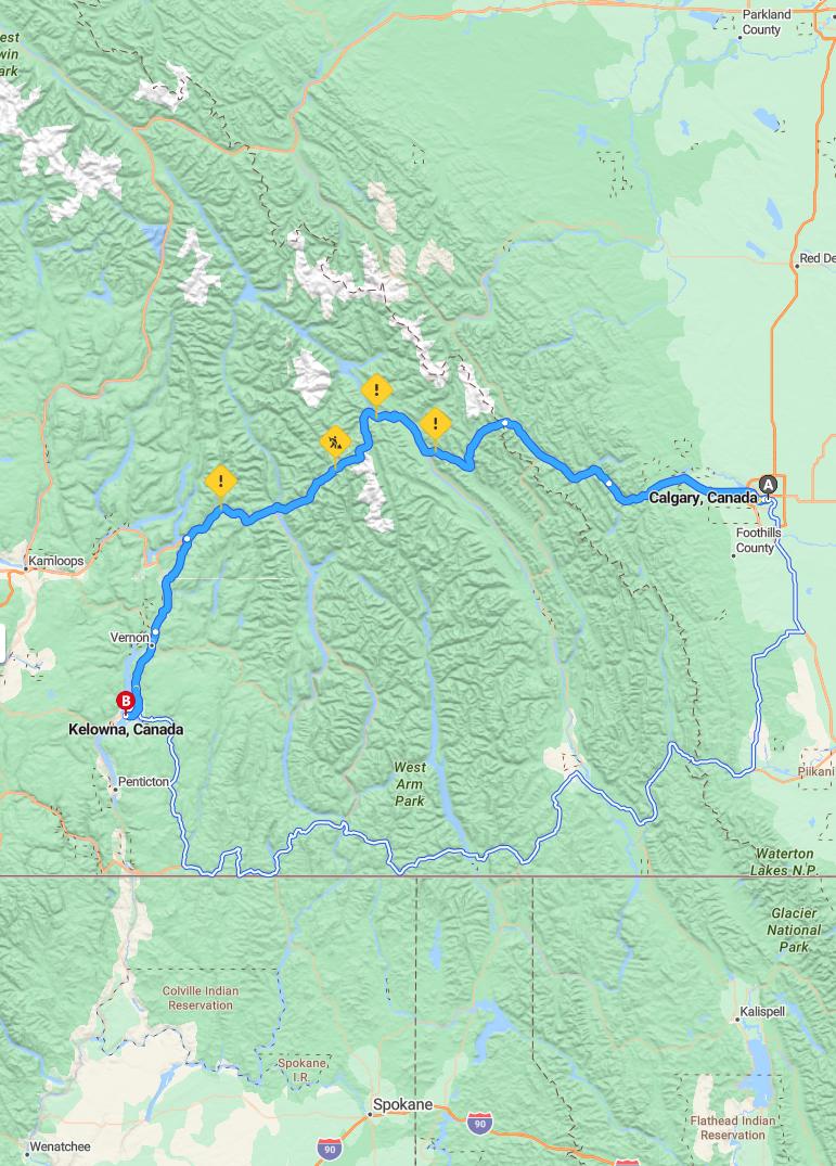 driving from Calgary, Alberta to KelownaBritish Columbia - map and route