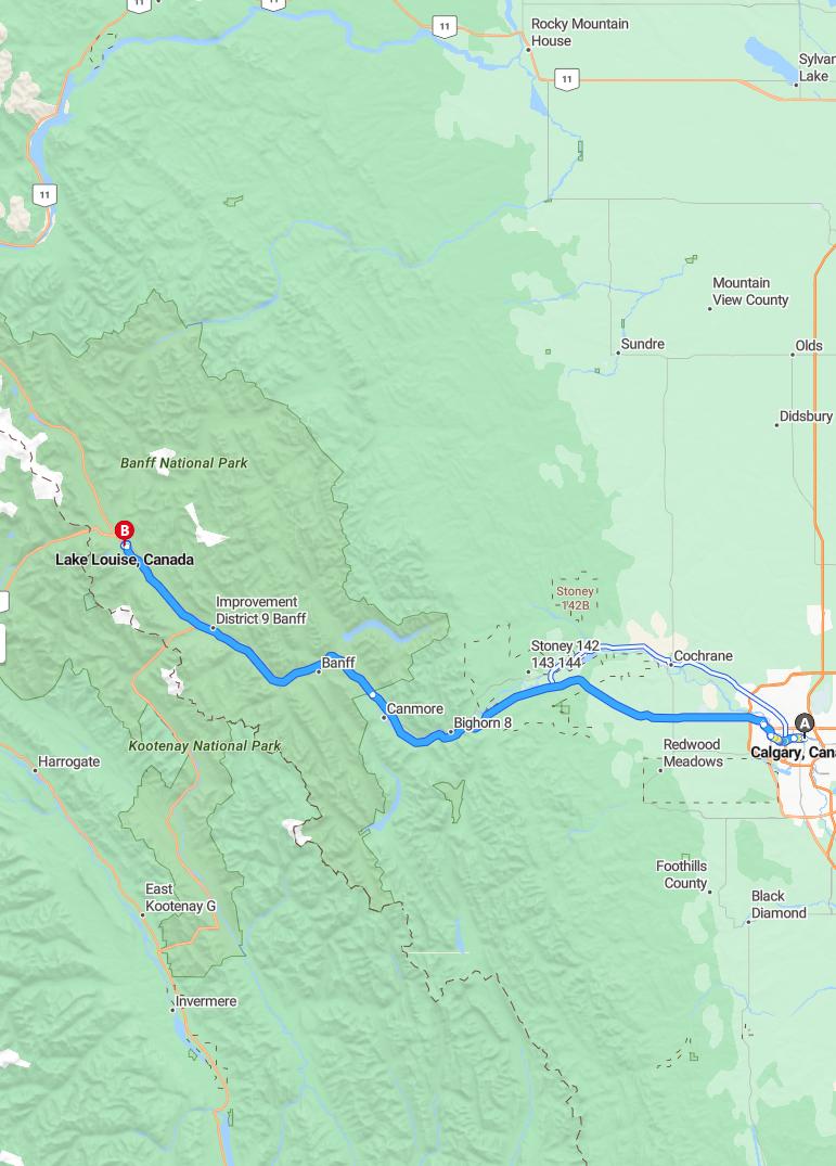driving from Calgary, Alberta to Lake LouiseAlberta - map and route