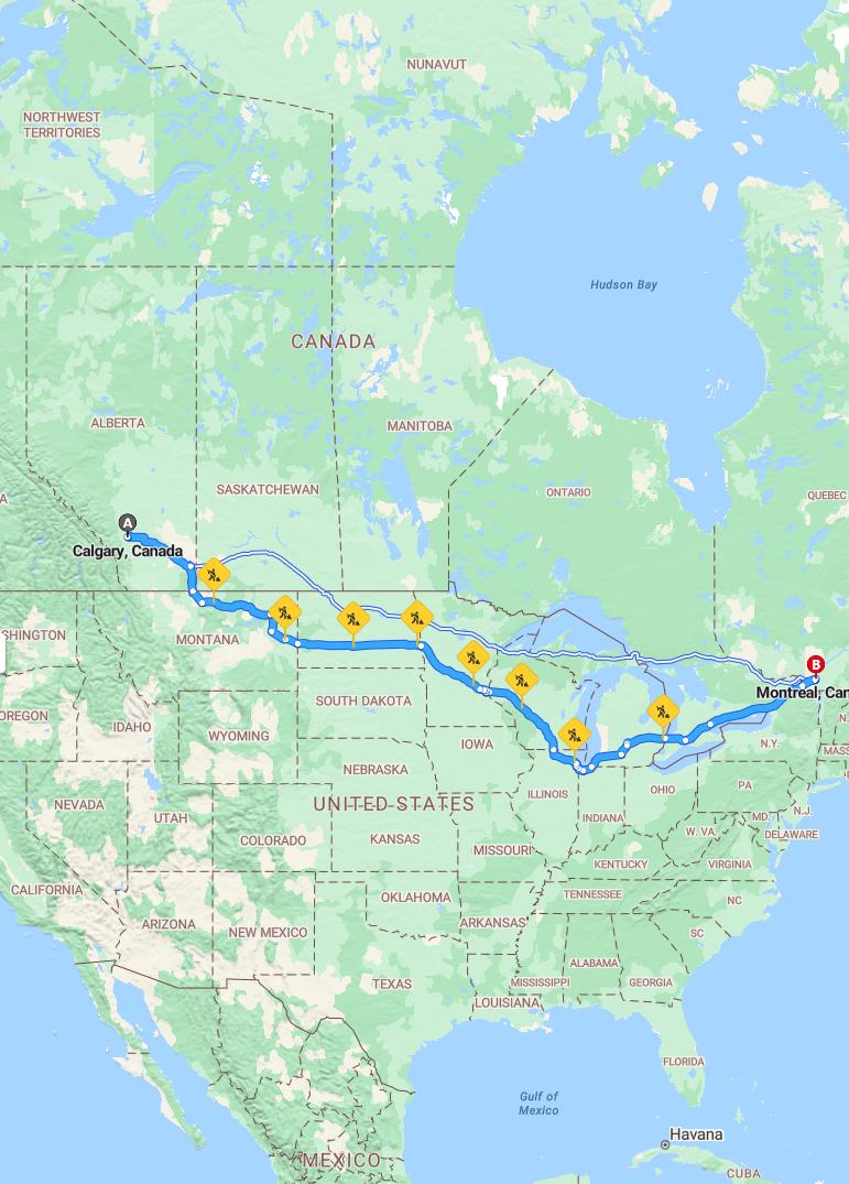 driving from Calgary, Alberta to MontrealQuebec - map and route