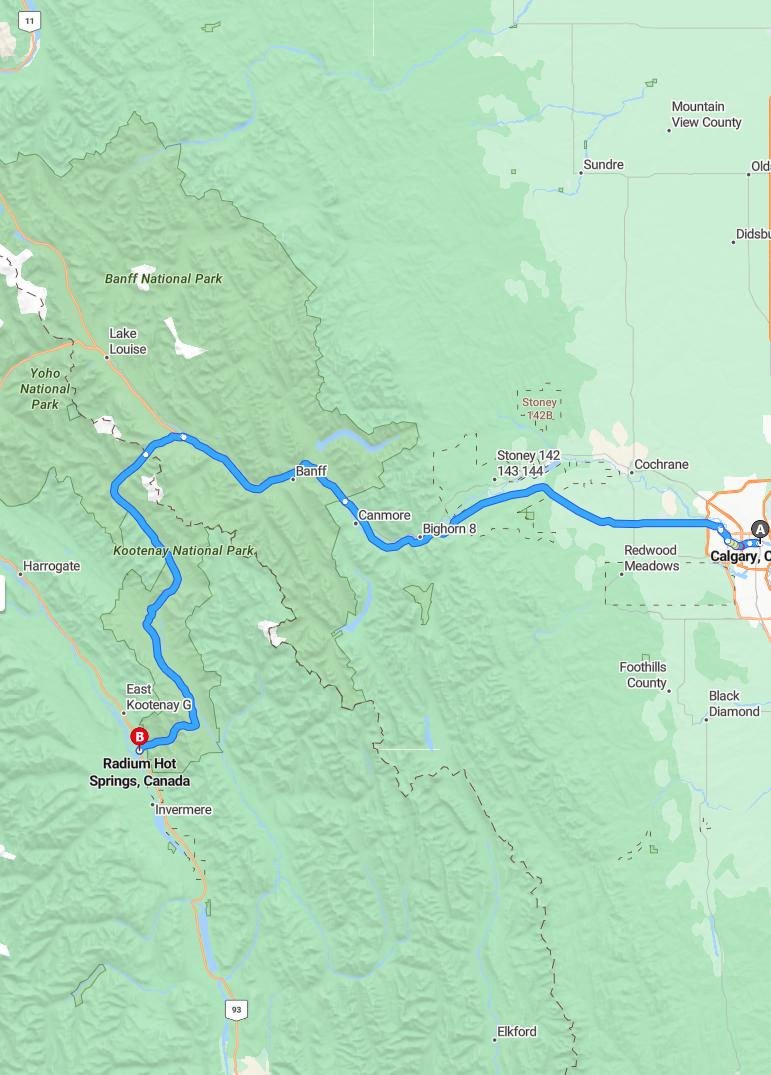 driving from Calgary, Alberta to Radium Hot SpringsBritish Columbia - map and route