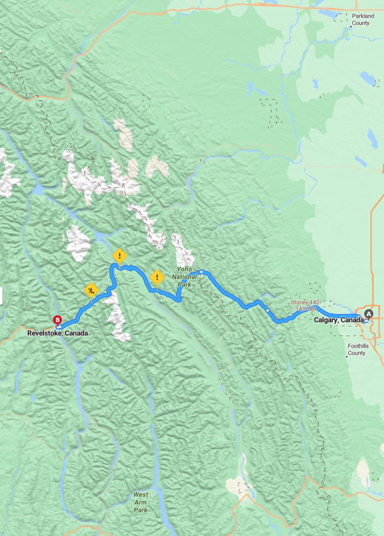 driving from Calgary, Alberta to RevelstokeBritish Columbia - map and route