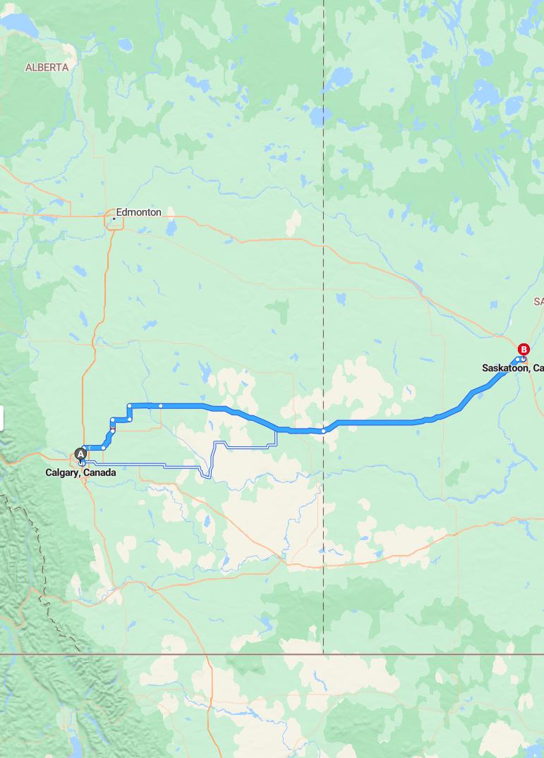 driving from Calgary, Alberta to SaskatoonSaskatchewan - map and route