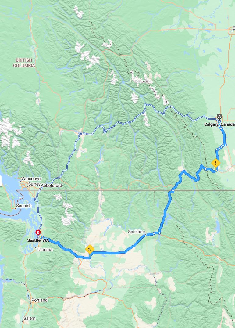 driving from Calgary, Alberta to SeattleWashington - map and route