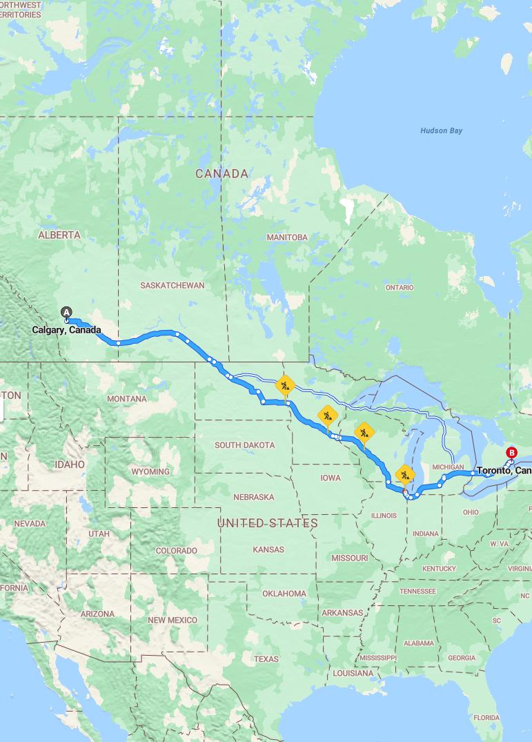 driving from Calgary, Alberta to TorontoOntario - map and route