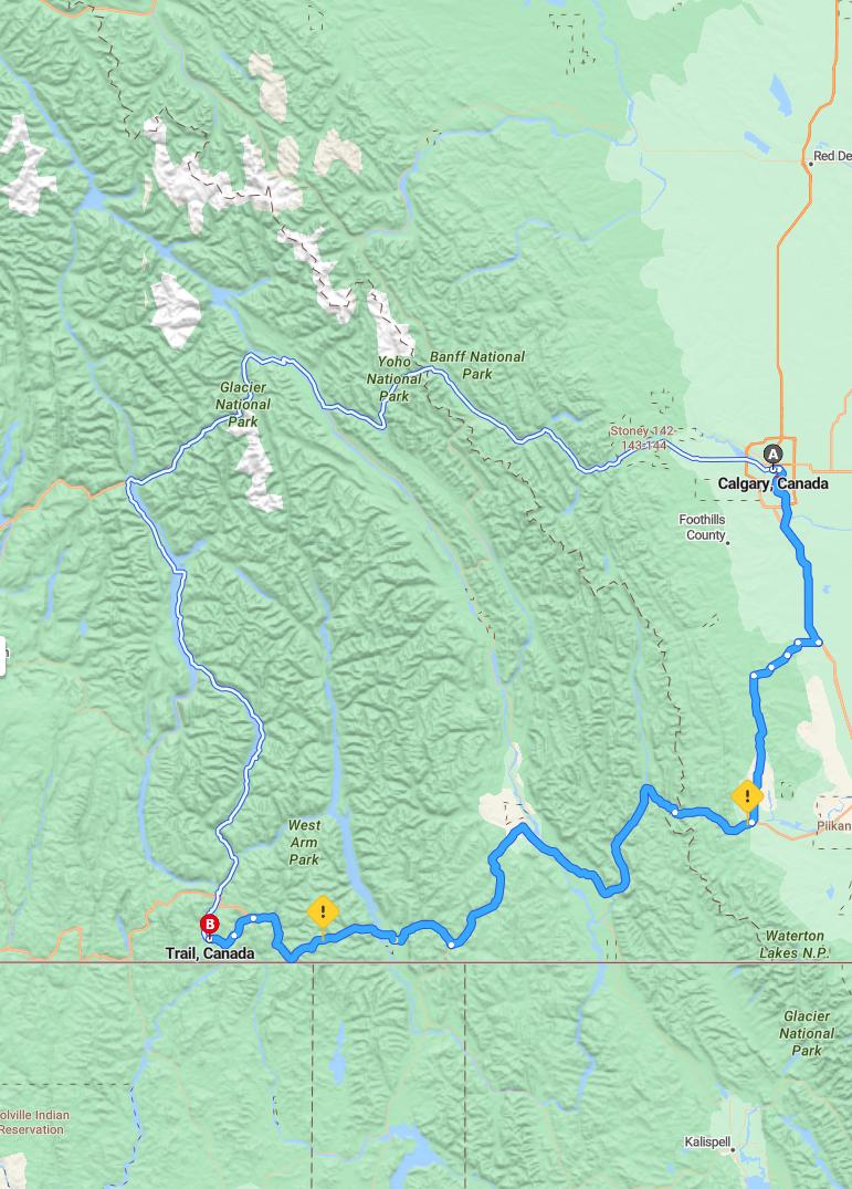 driving from Calgary, Alberta to TrailBritish Columbia - map and route