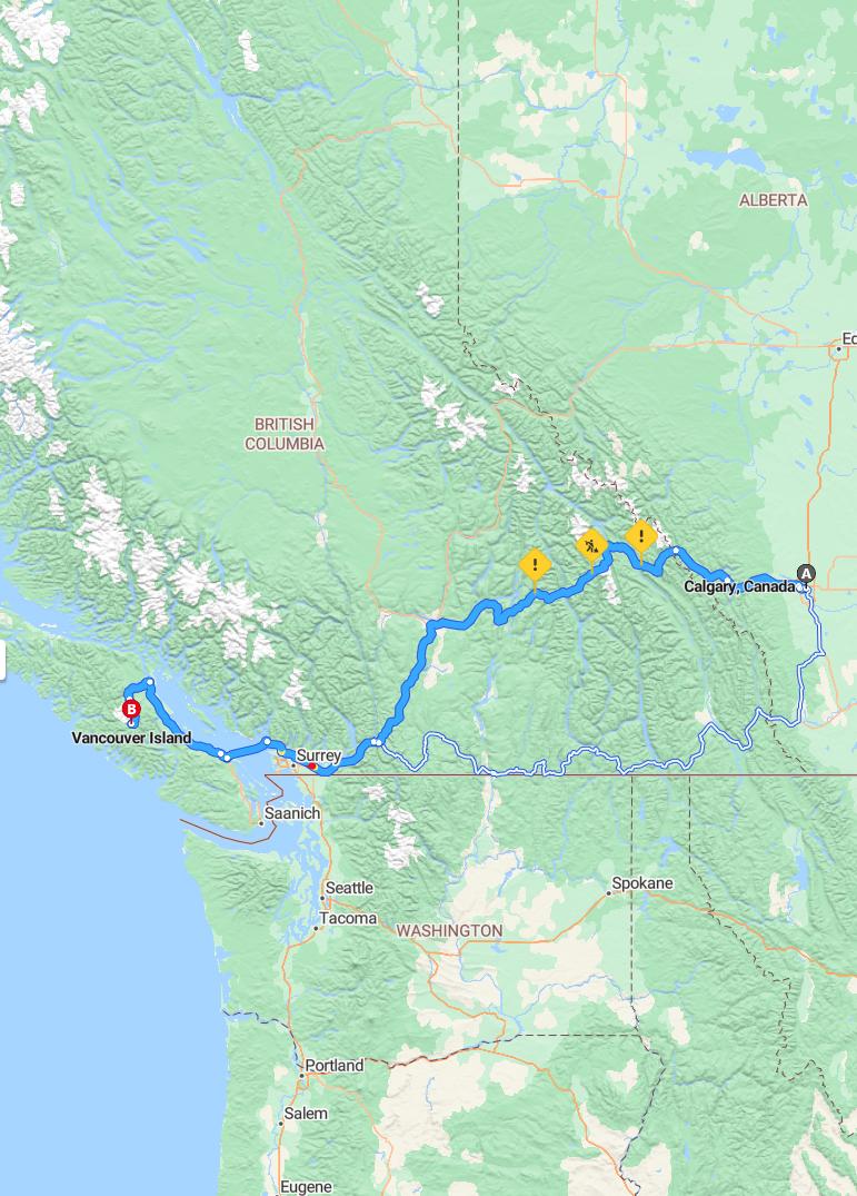 driving from Calgary, Alberta to Vancouver IslandBritish Columbia - map and route