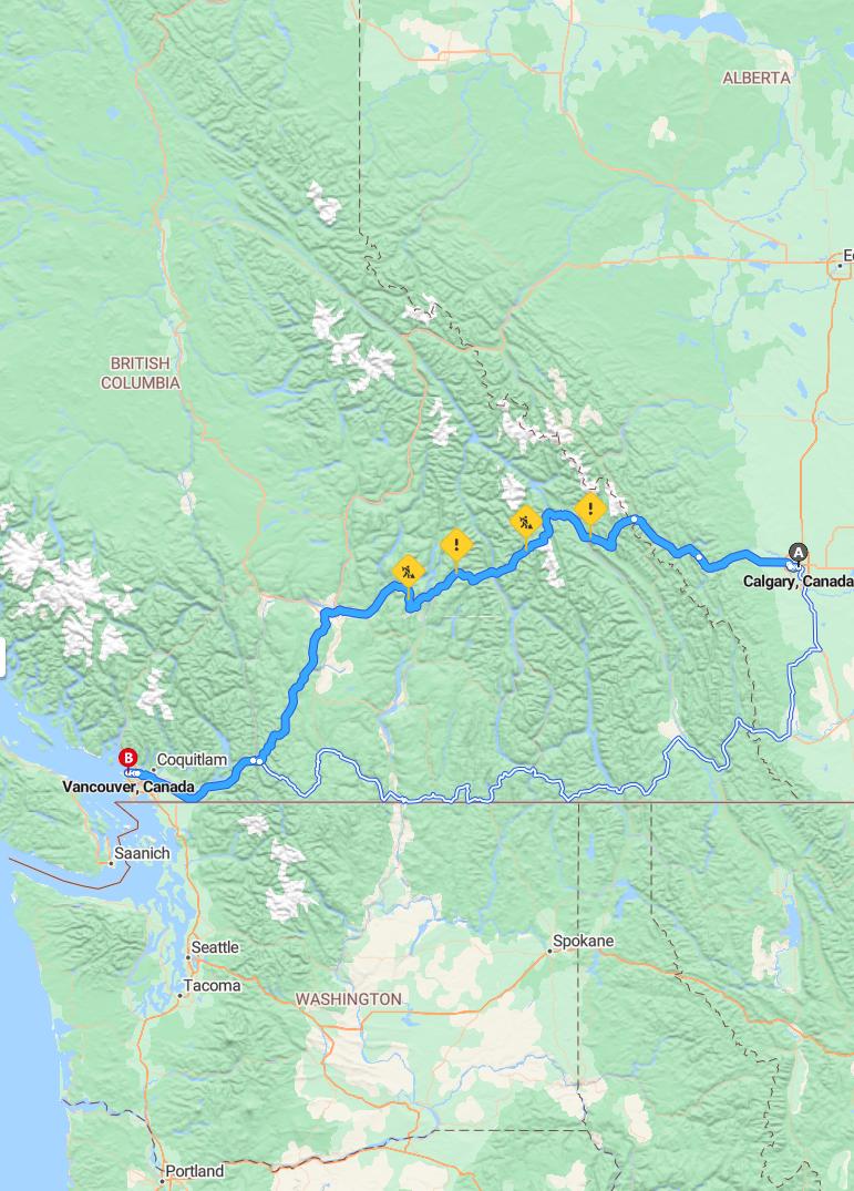 driving from Calgary, Alberta to VancouverBritish Columbia - map and route