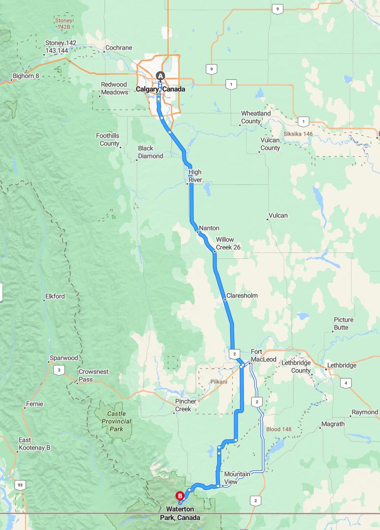 driving from Calgary, Alberta to Waterton ParkAlberta - map and route