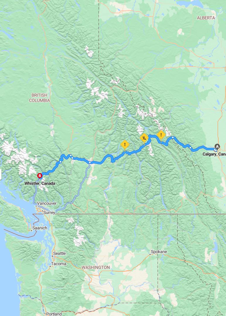 driving from Calgary, Alberta to WhistlerBritish Columbia - map and route
