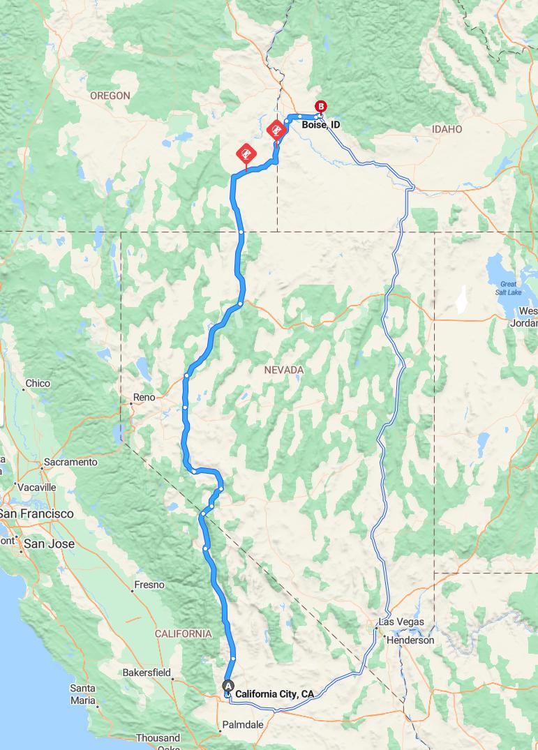 driving from California City, California to BoiseIdaho - map and route