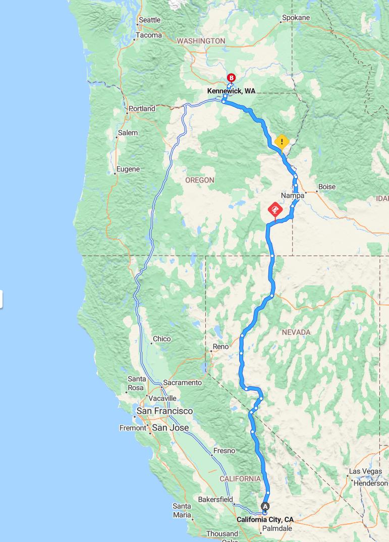 driving from California City, California to KennewickWashington - map and route