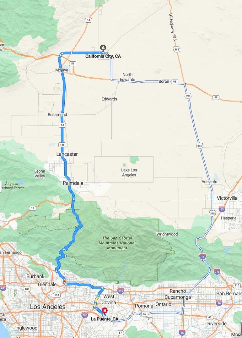 driving from California City, California to La PuenteCalifornia - map and route
