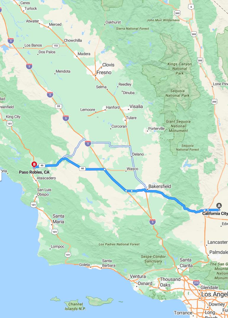 driving from California City, California to Paso RoblesCalifornia - map and route