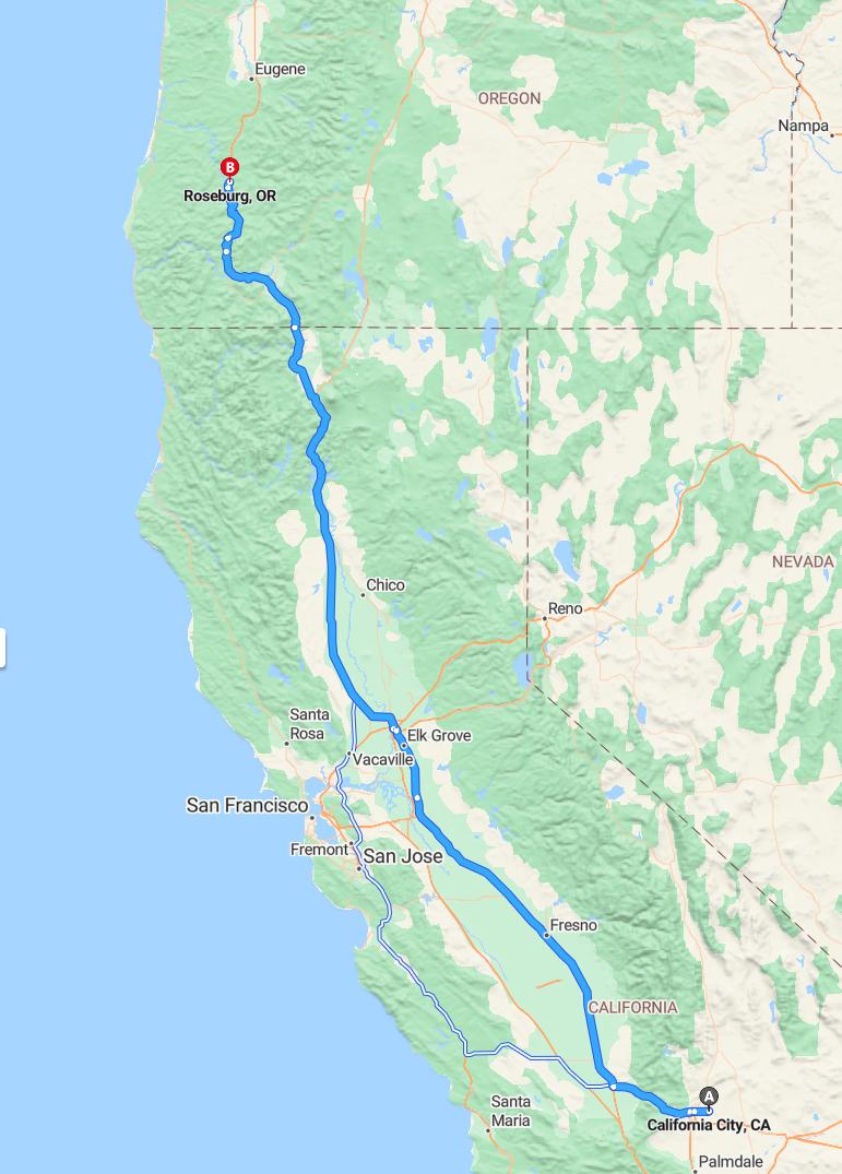 driving from California City, California to RoseburgOregon - map and route