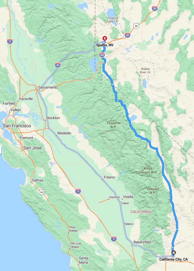 driving from California City, California to SparksNevada - map and route