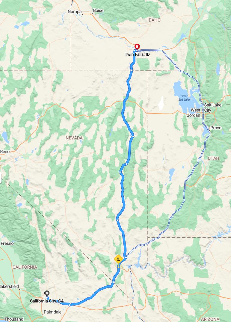 driving from California City, California to Twin FallsIdaho - map and route
