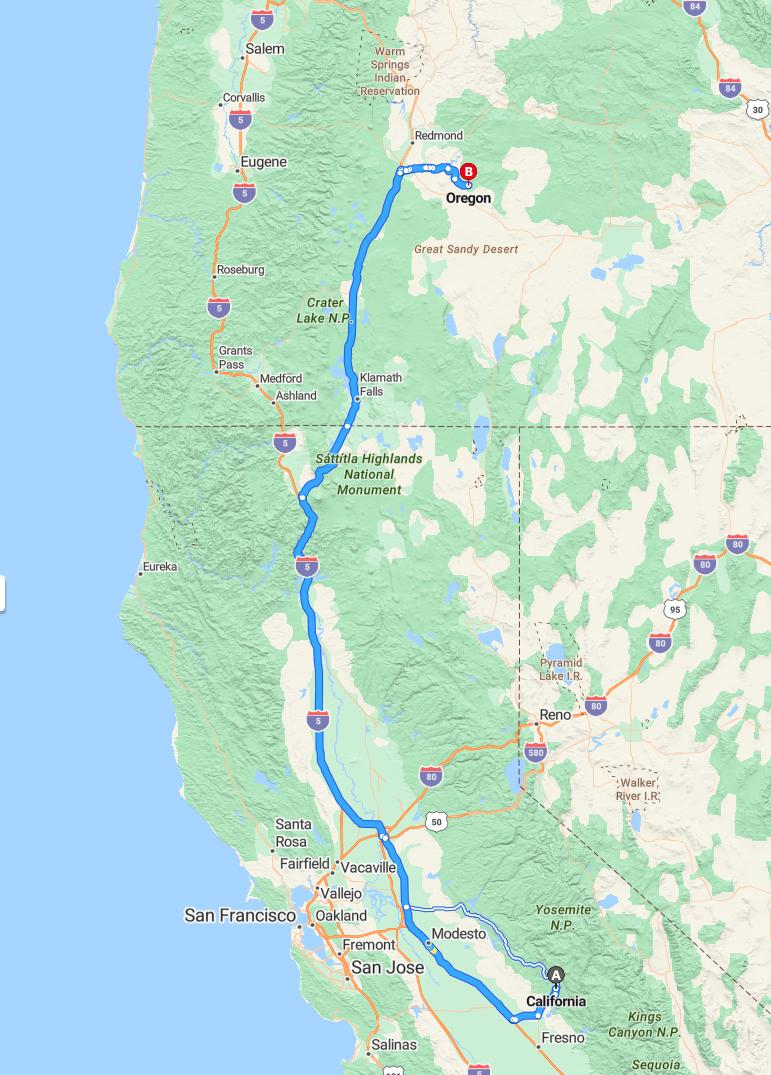 driving from -, California to -Oregon - map and route