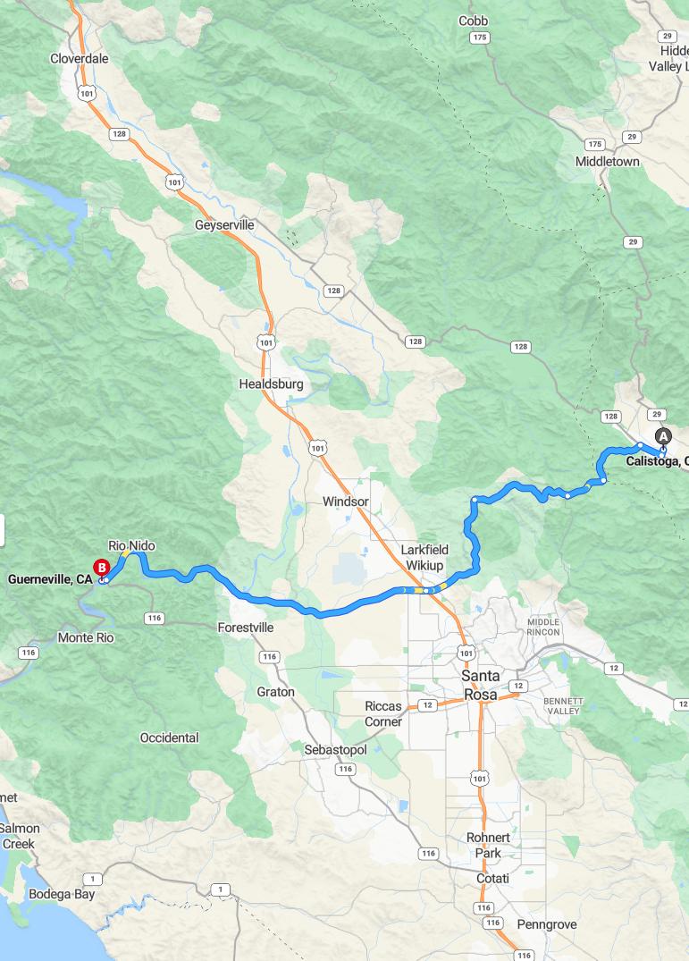 driving from Calistoga, California to GuernevilleCalifornia - map and route