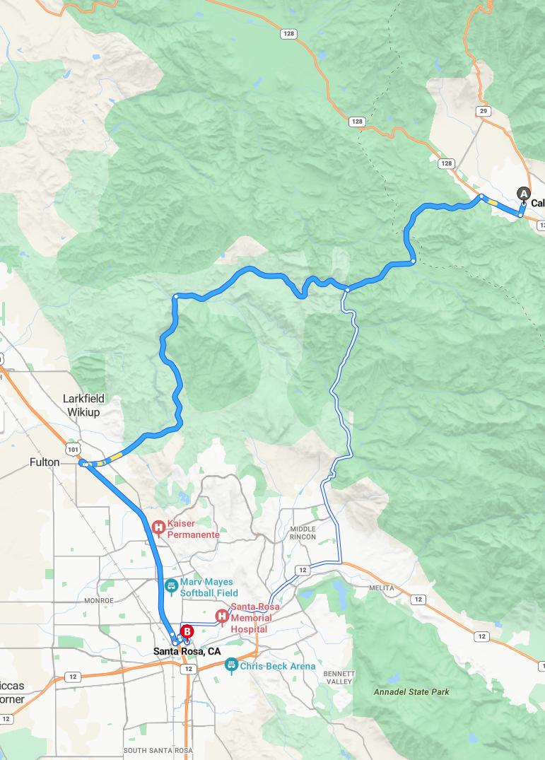 driving from Calistoga, California to Santa RosaCalifornia - map and route