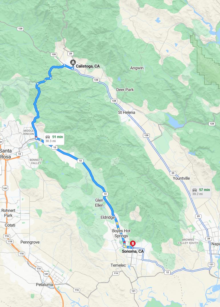 driving from Calistoga, California to SonomaCalifornia - map and route