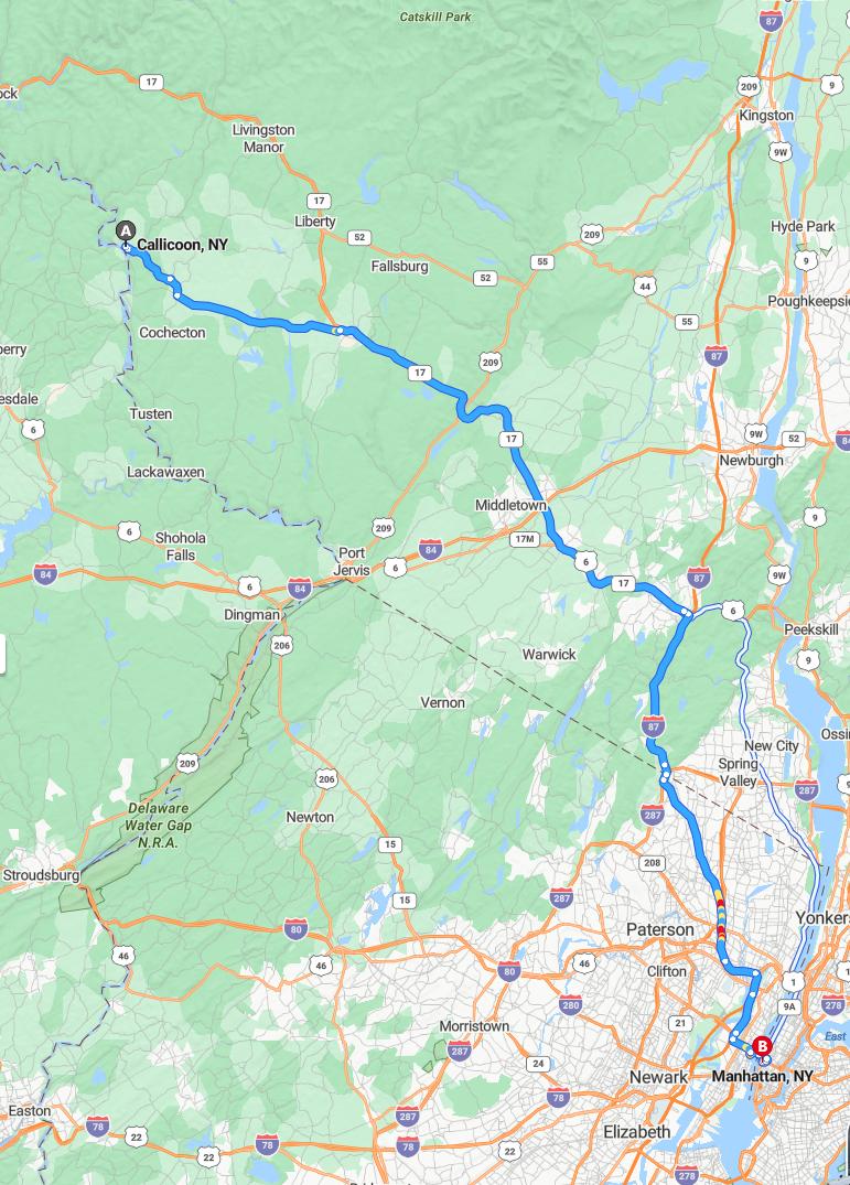 driving from Callicoon, New York to ManhattanNew York - map and route