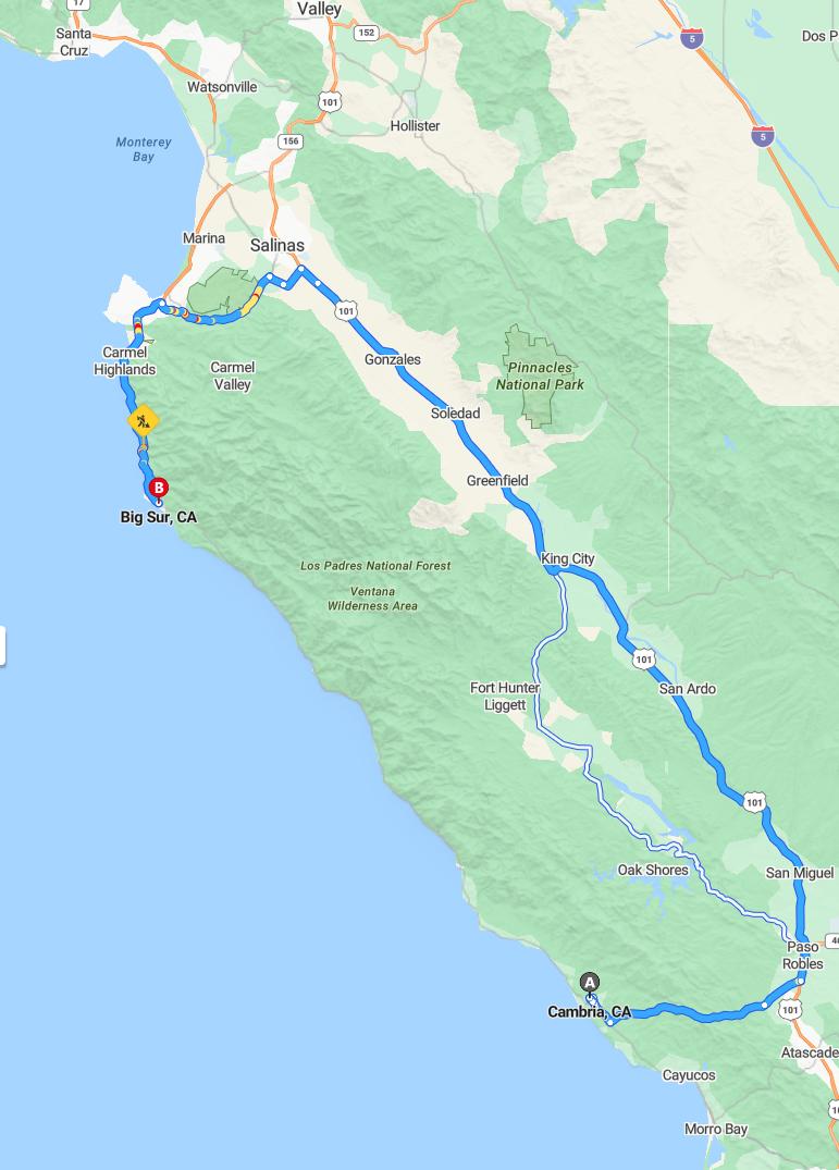 driving from Cambria, California to Big SurCalifornia - map and route