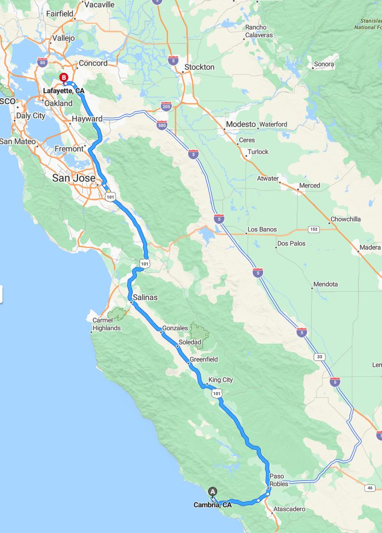 driving from Cambria, California to LafayetteCalifornia - map and route