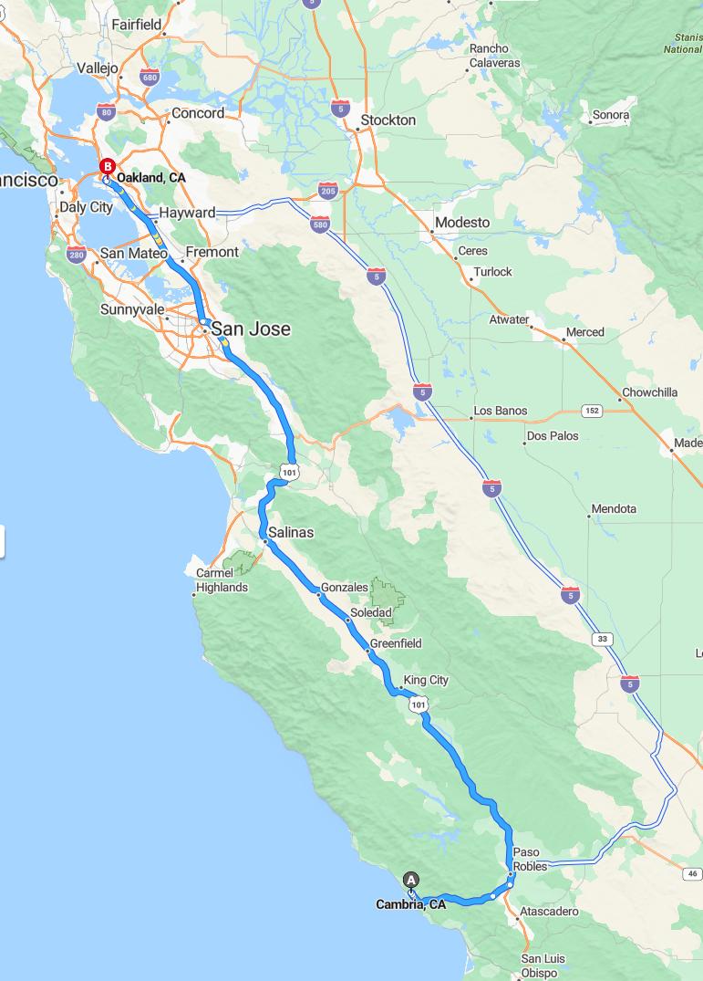 driving from Cambria, California to OaklandCalifornia - map and route