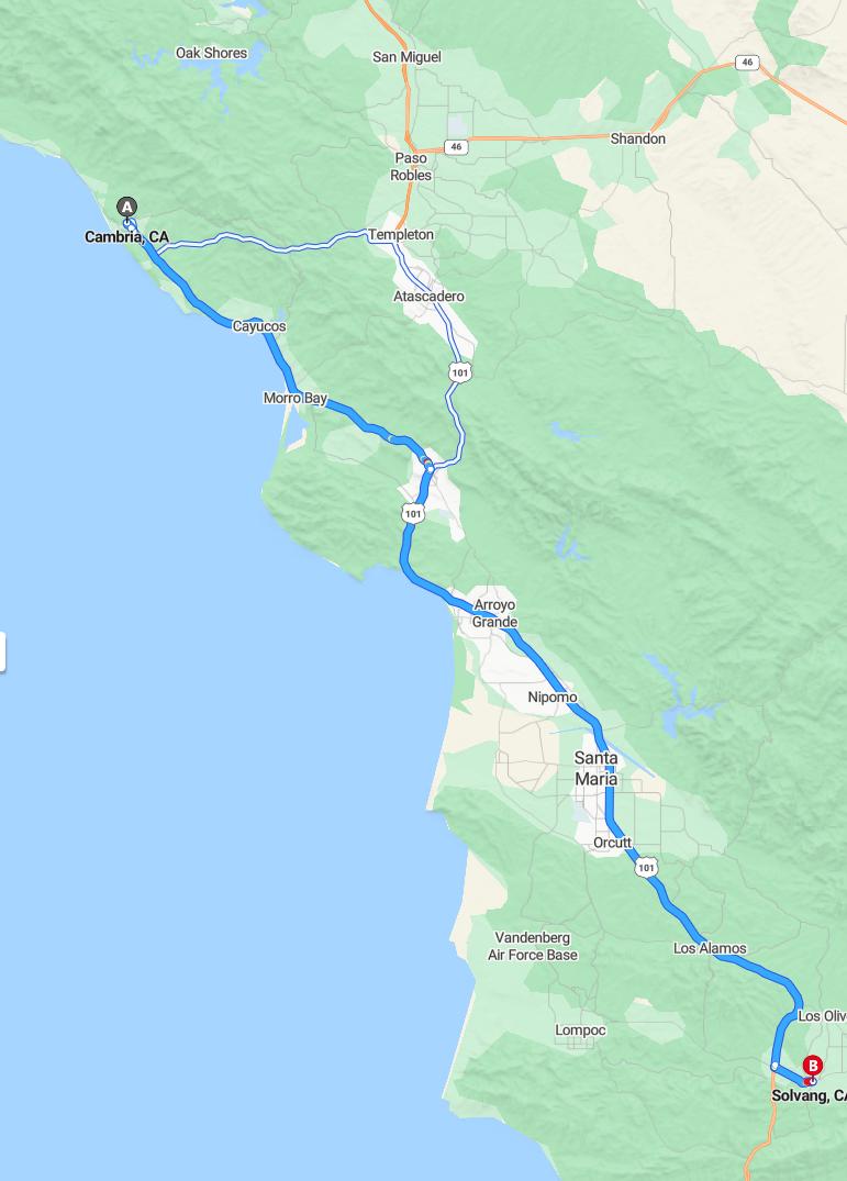 driving from Cambria, California to SolvangCalifornia - map and route