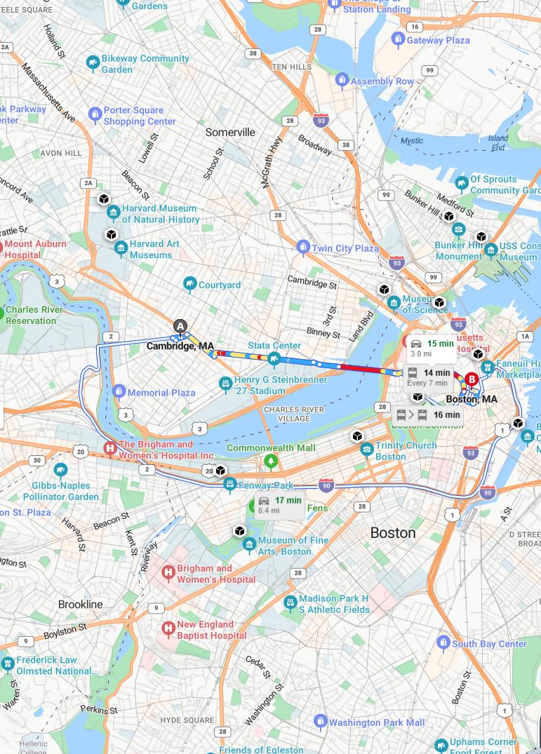 driving from Cambridge, Massachusetts to BostonMassachusetts - map and route
