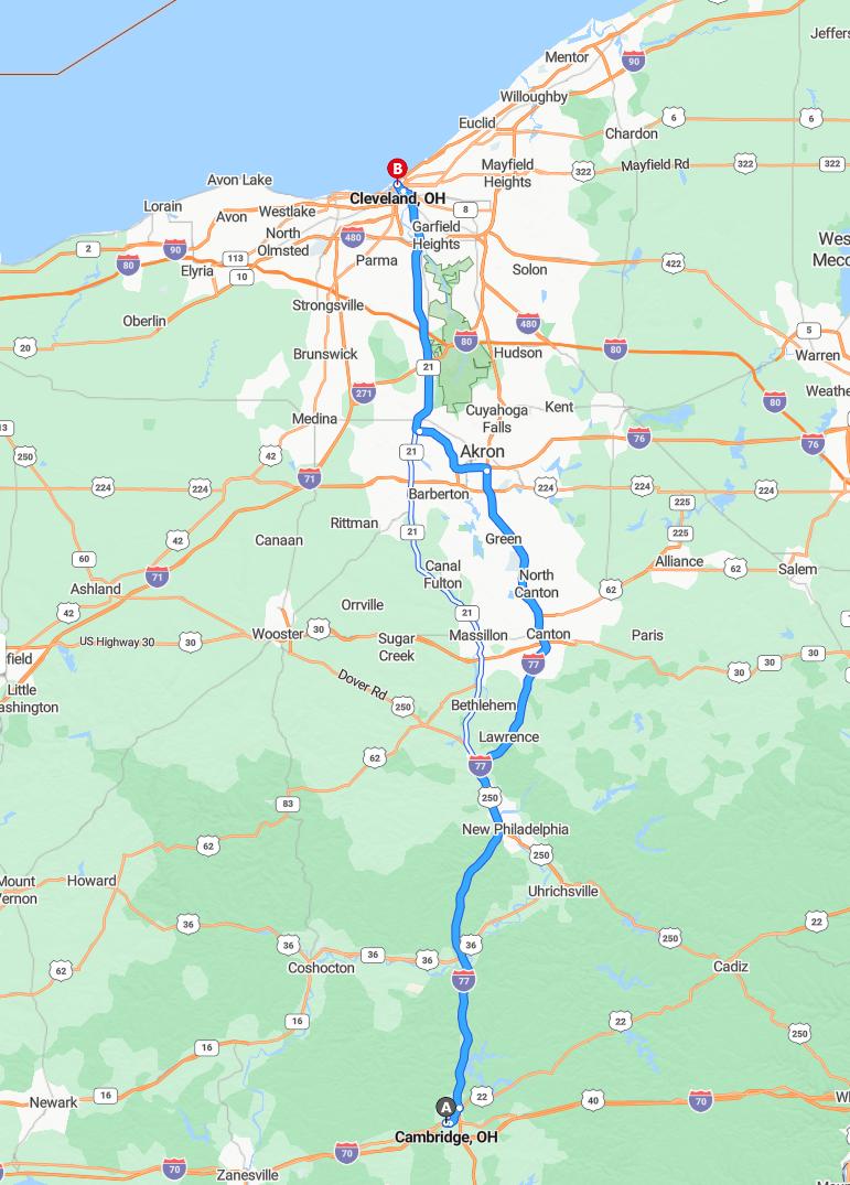 driving from Cambridge, Ohio to ClevelandOhio - map and route